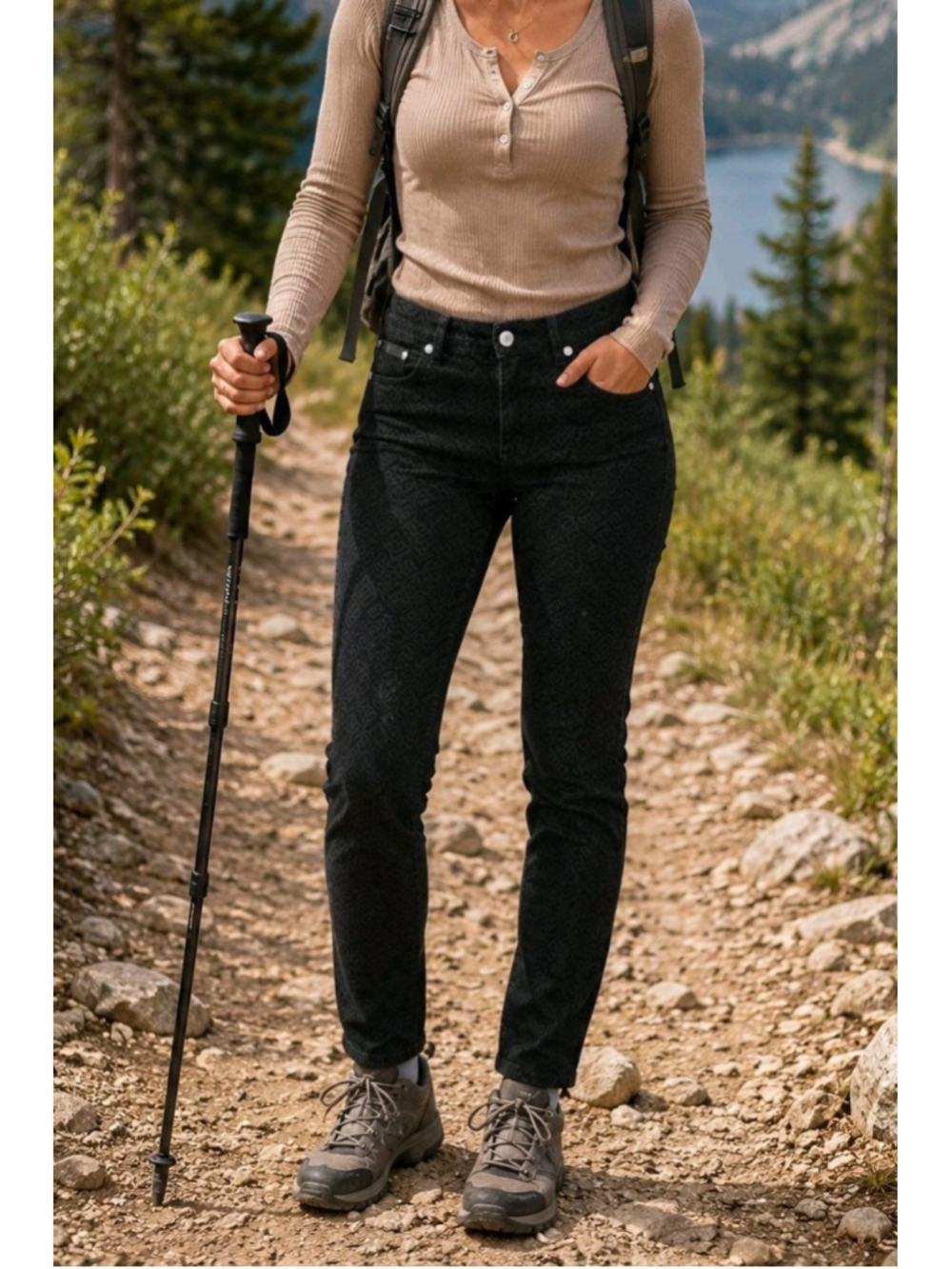Kuhl Womens Sz 6 Reg Skinny Pants Black Tonal Print Hiking Outdoor Gorpcore Camp